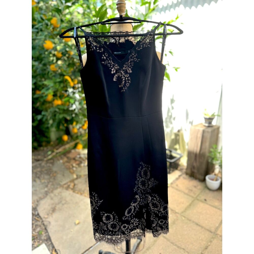 Karen Millen Black Sleeveless Gold Floral Lace Fitted Midi Dress SZ UK 4 = US 2